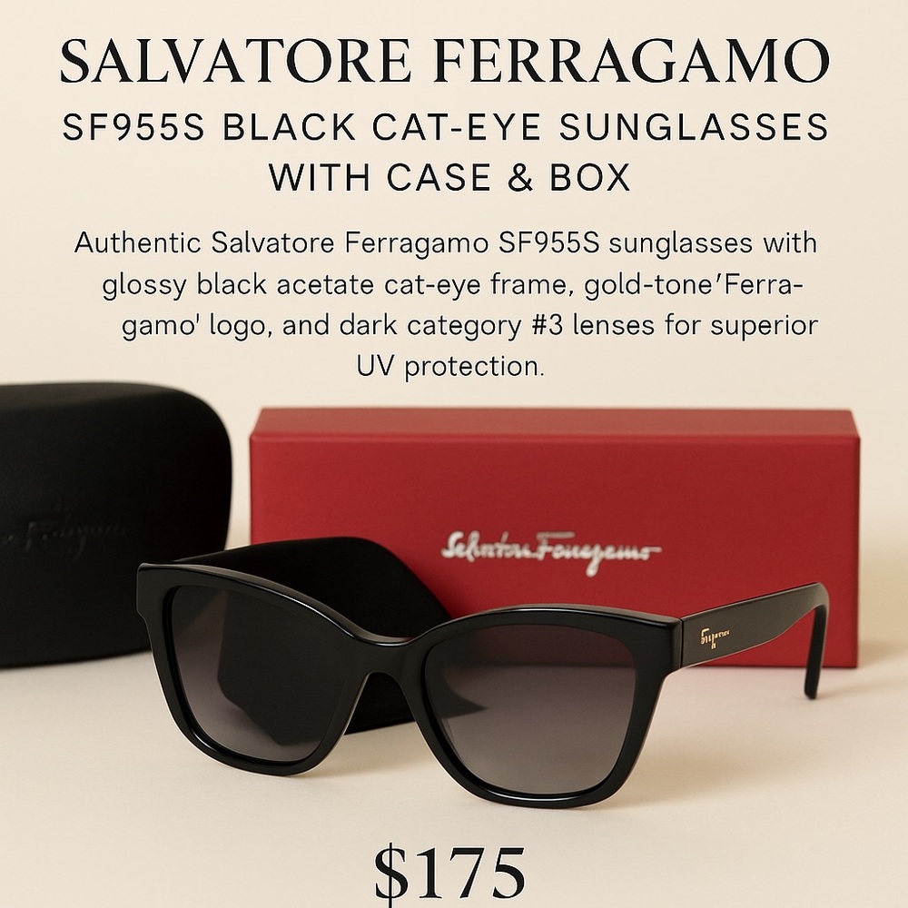 Salvatore Ferragamo SF955S Black Cat-Eye Sunglasses with Case & Box